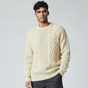 Hand Knit Cream Fisherman Cable Knit Wool Sweater